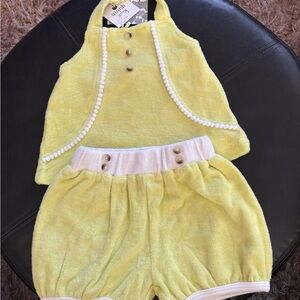 KATE QUiNN-Lime towel material terrycloth pompom trim halter top & shorts set